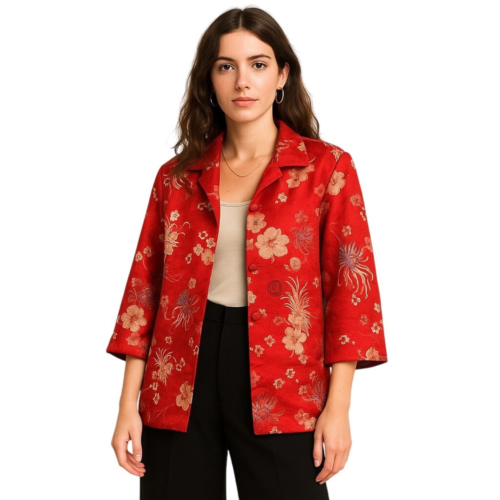 CHICO'S Vintage 90s Red Floral Brocade Top Silk Blend Size 0 Y2K